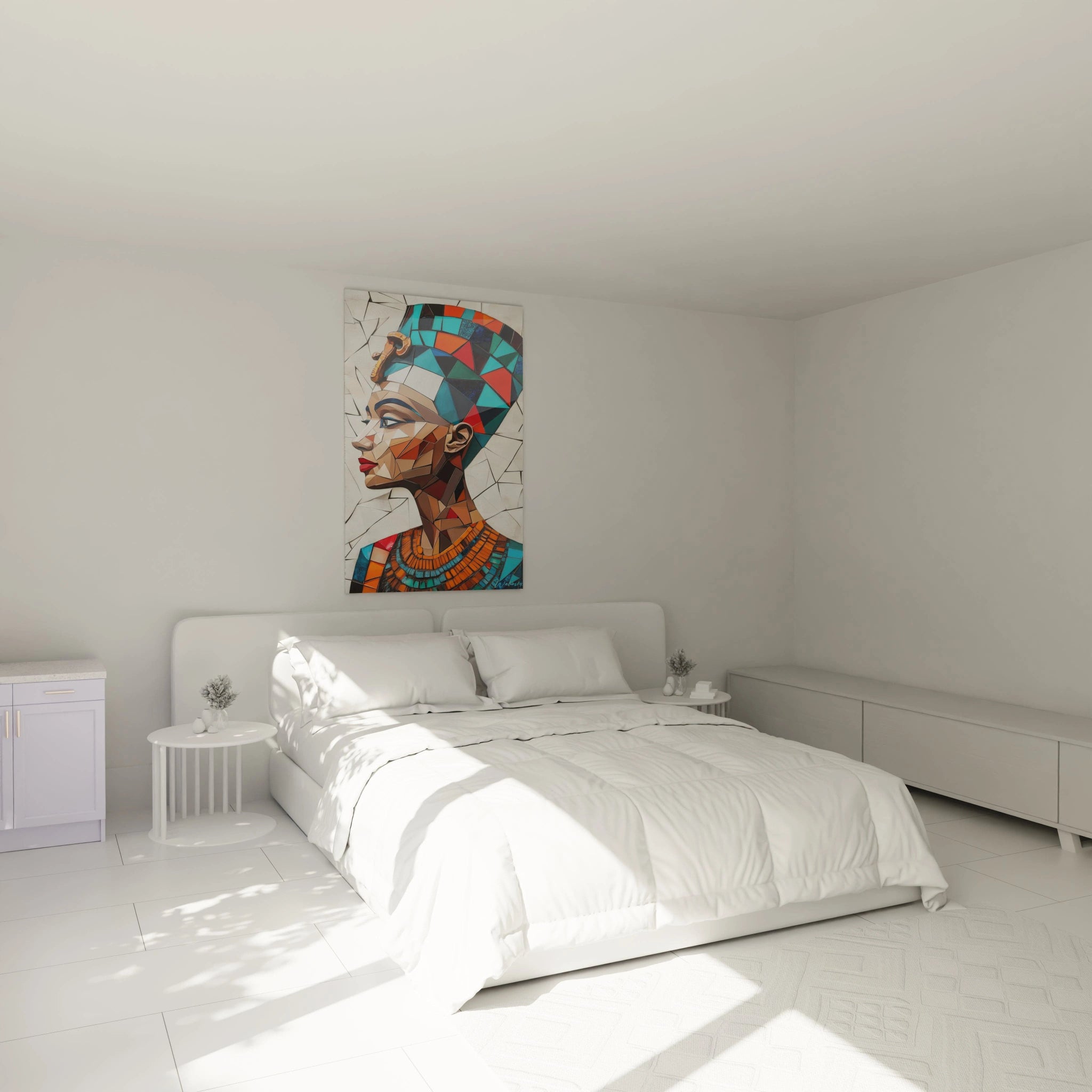 Tableau Egypte mural coloré représentant une reine égyptienne dans une chambre moderne lumineuse