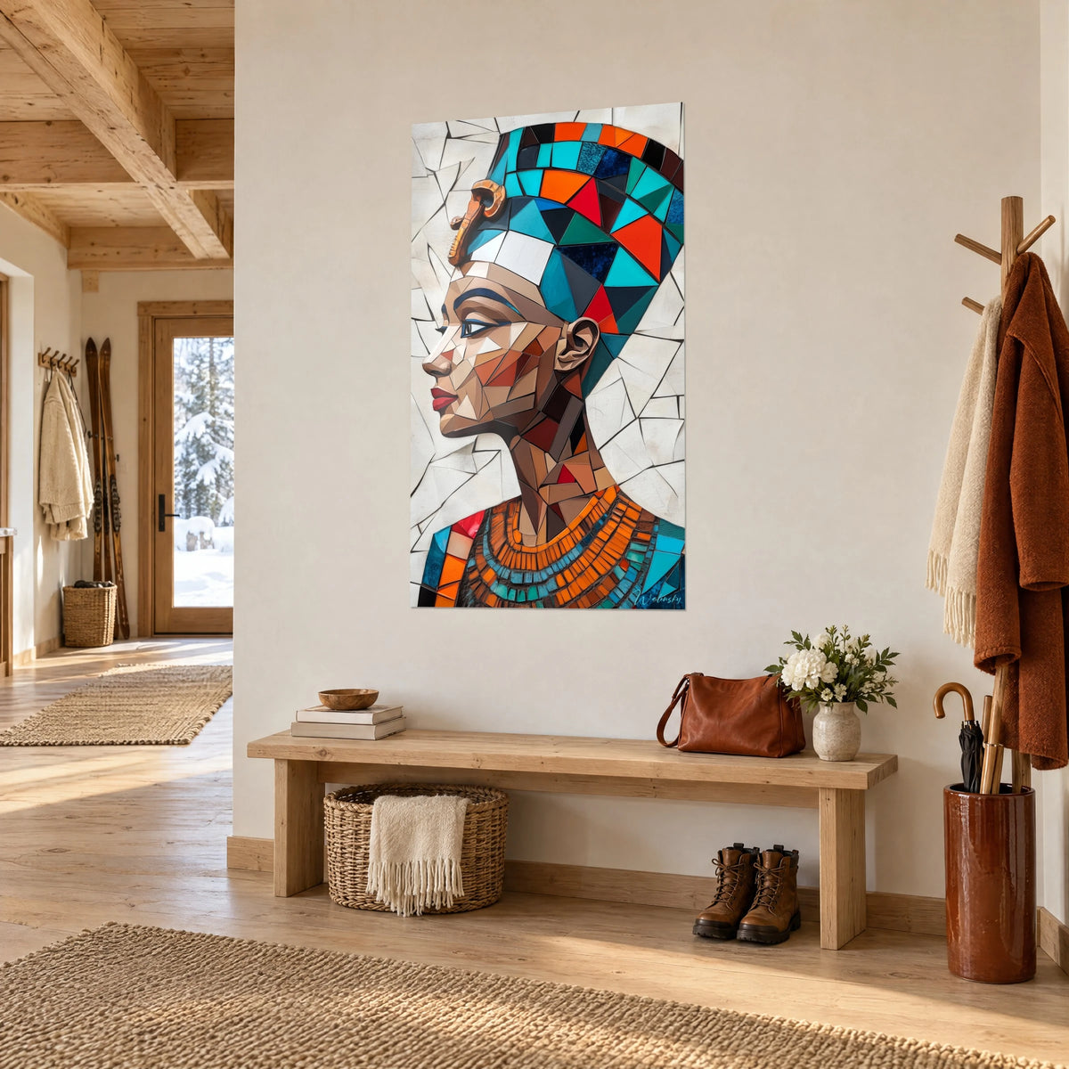 Gemälde ägyptische Königin mit hohem Diadem in Blau, Orange und Rot, orangefarbene Halskette, Dreiviertelansicht im Eingang eines Chalets
