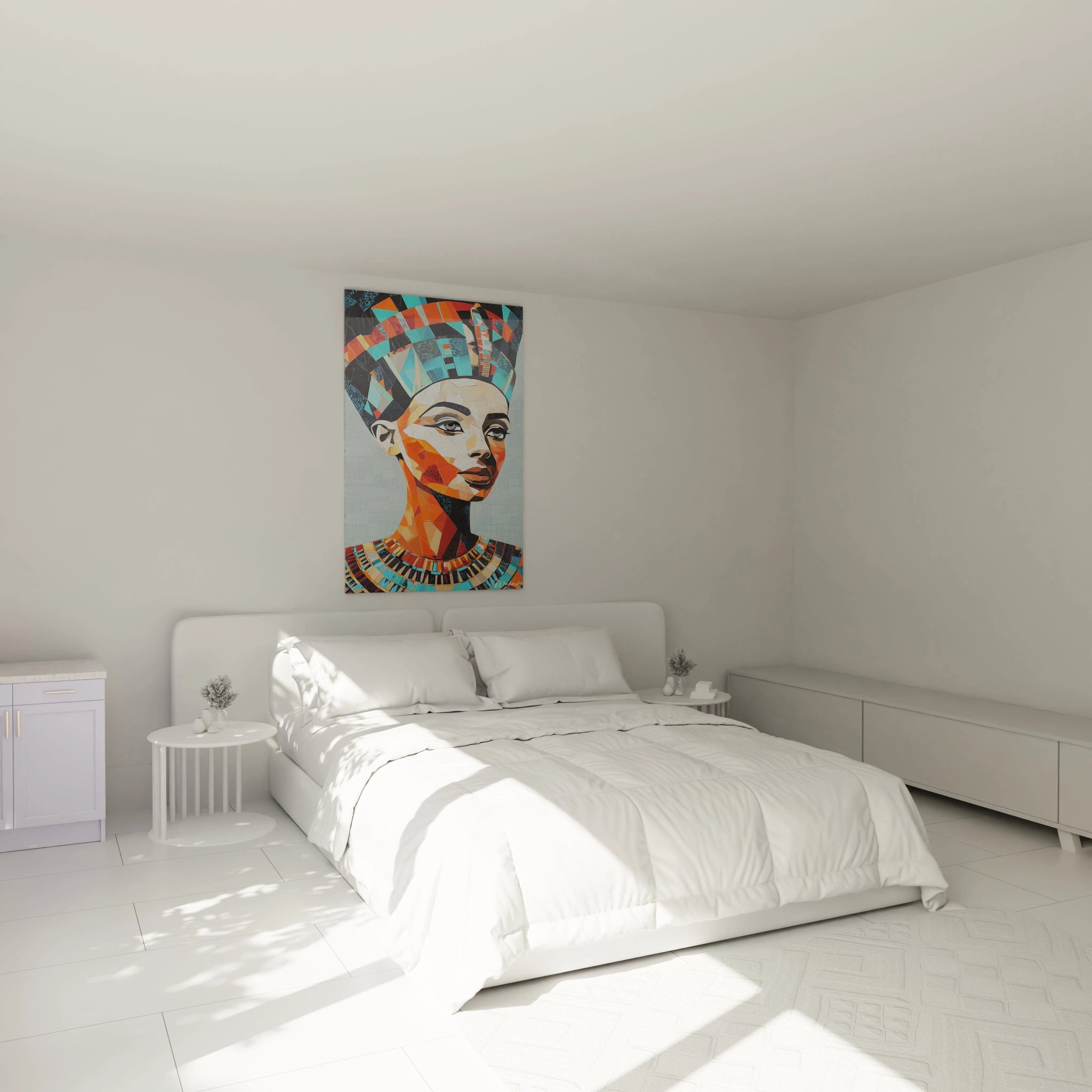 Tableau Egypte mural Walensky représentant un raton laveur en noir et blanc dans une chambre moderne