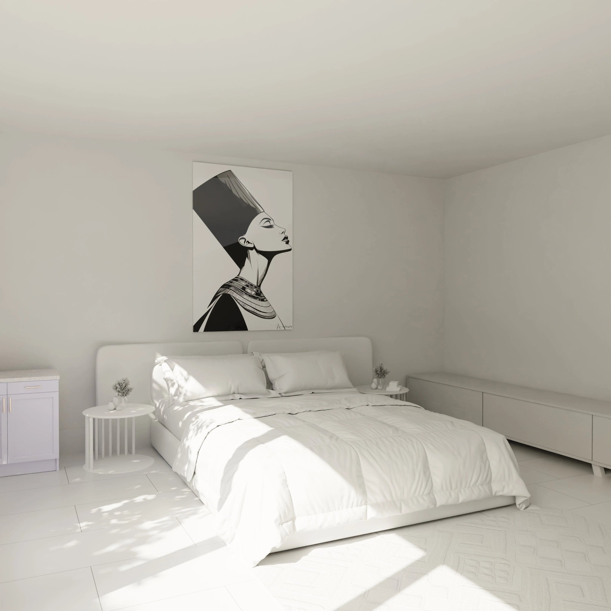 Tableau mural Egypte style portrait de reine antique noir et blanc dans chambre moderne lumineuse