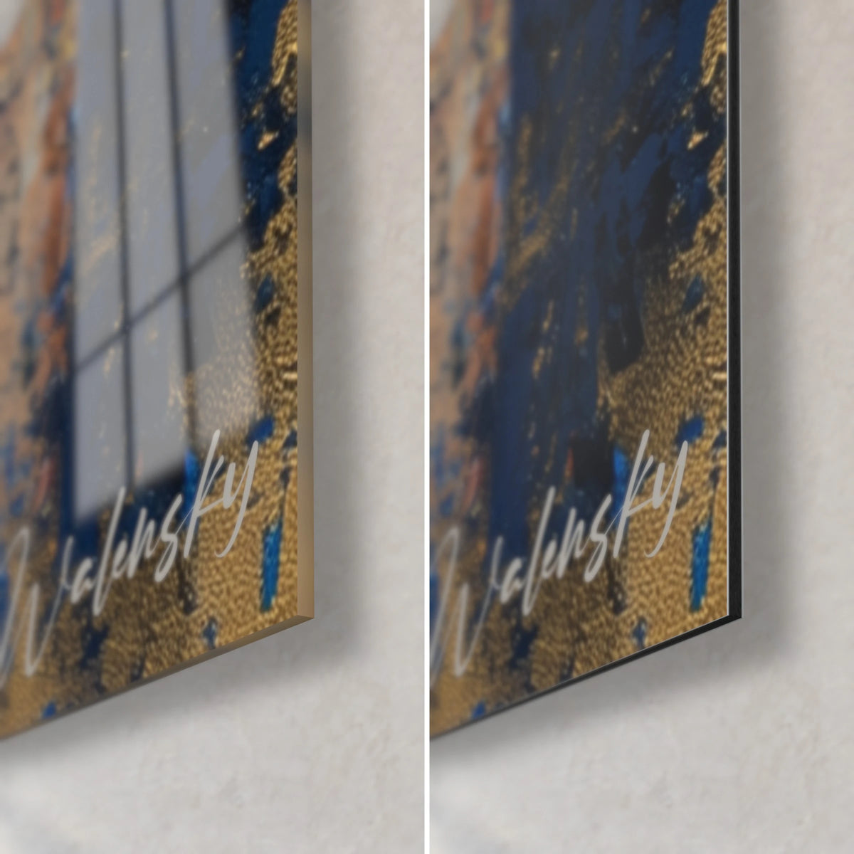 Schilderij Nefertiti, rechtsonder: glanzend acrylglas dat het raam weerspiegelt, mat zwart Dibond, gouden spikkels op nachtblauw