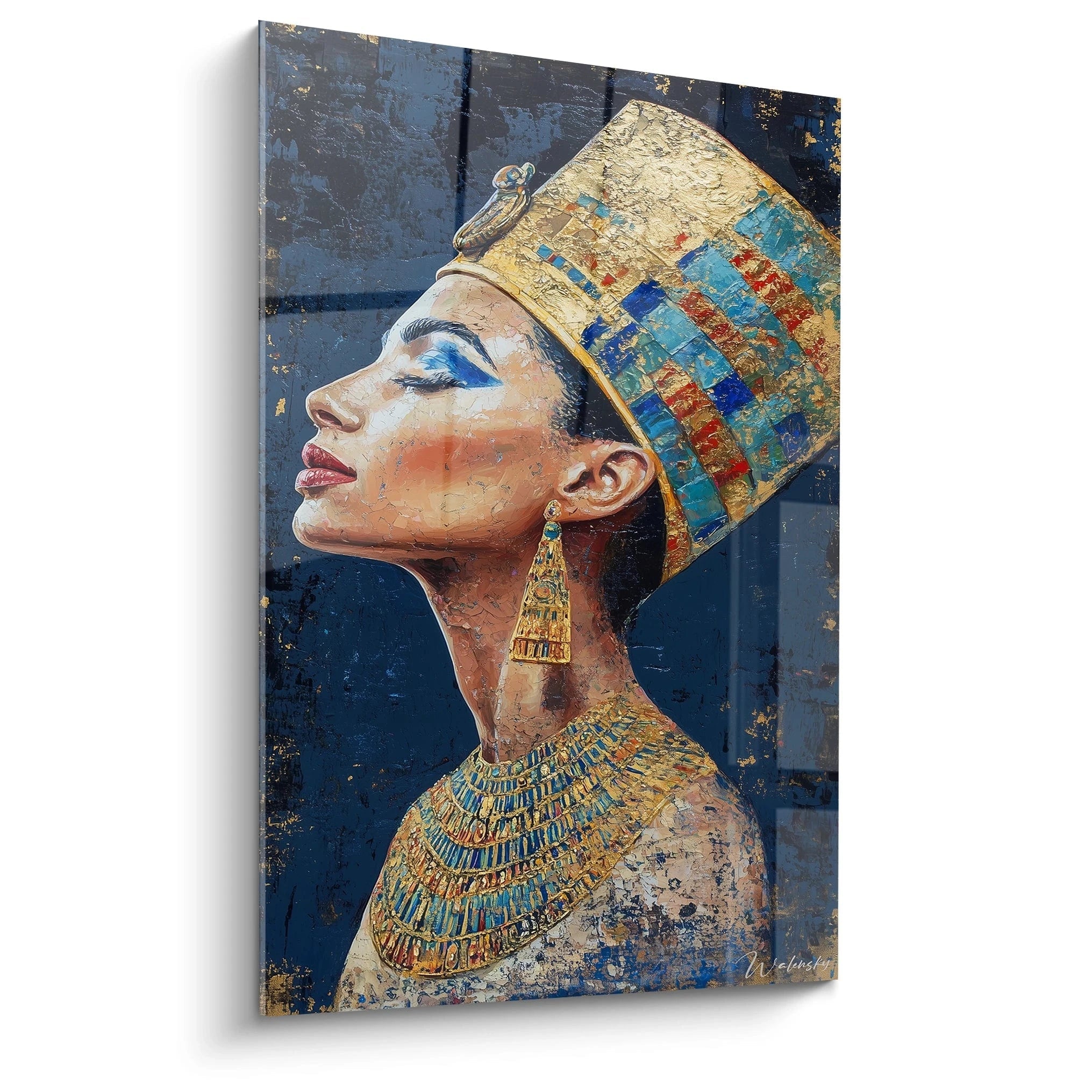 Tableau Egypte mural représentant une reine égyptienne en profil avec coiffure et bijoux dorés colorés