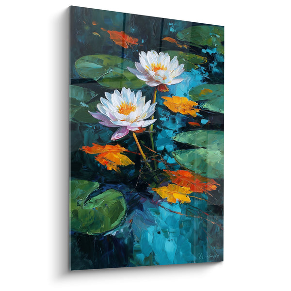 Cuadro Nenúfares Blancos Sobre Agua Turquesa Con Hojas de Otoño - Reflejos Acuáticos - Edición Nenúfar