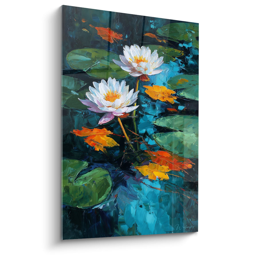 Schilderij Waterlelies Wit op Turquoise Water met Herfstbladeren - Aquatische Reflecties - Editie Waterlelie