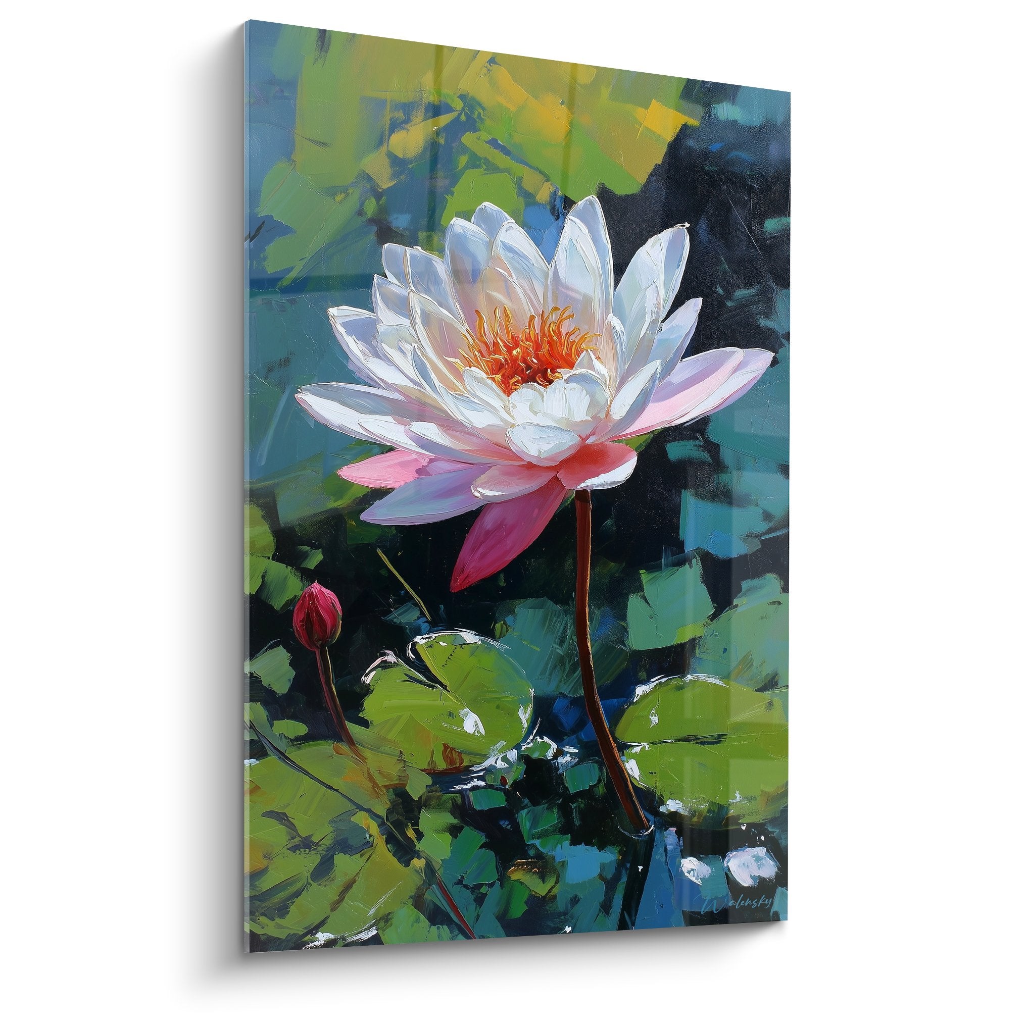 Tableau nénuphare blanc aux pétales rosés et cœur orange sur fond aquatique bleu-vert expressionniste