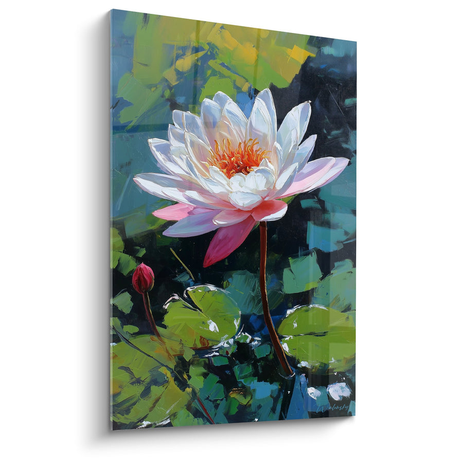 Waterlelie Wit met Roze Bloemblaadjes op Expressionistische Waterige Achtergrond - Aquatische Serene - Editie Waterlelie
