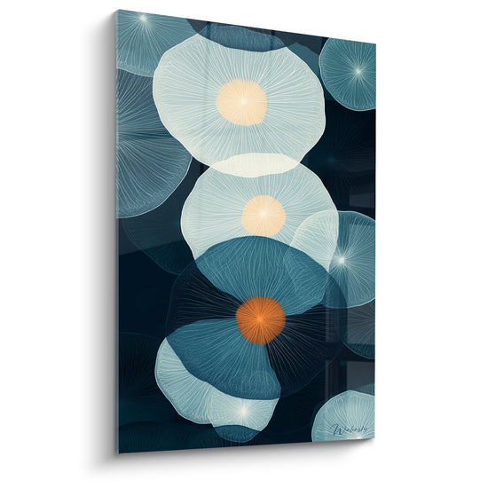 Tableau moderne nénuphars stylisés bleu turquoise orange motifs floraux radiants art contemporain