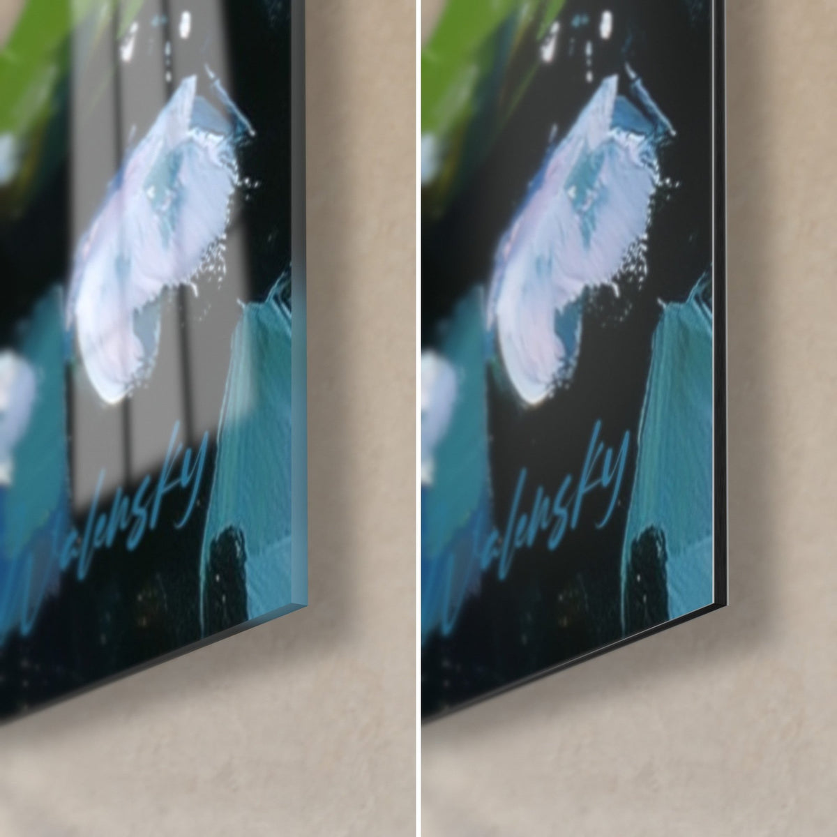 Schilderij witte en nachtblauwe waterlelie, rechtsonder, glanzende glasreflecties en 3 mm rand tegenover mat Dibond