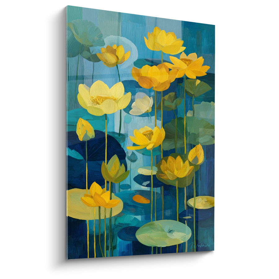 Schilderij gouden bloemen op turquoise water met kristalheldere reflecties - Aquatisch Licht - Nenuphar Editie