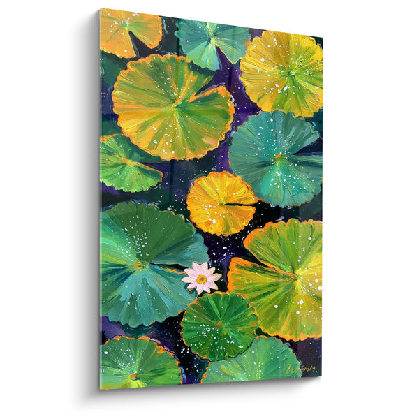Colored Lotus Leaves Floating on Starry Water with Pink Flower - Luminous Aquatic Garden - Walensky Edition