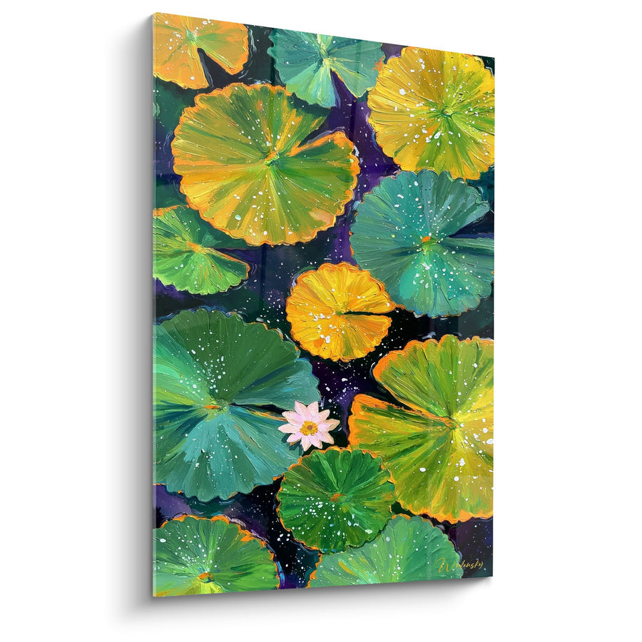 Tableau feuilles de lotus colorées flottant sur eau étoilée avec fleur rose - Jardin aquatique lumineux - Edition Nénuphare
