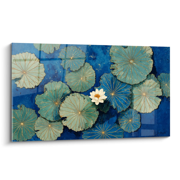 Cuadro Hojas de Loto Azules y Flor Blanca sobre Agua Profunda - Serenidad Acuática - Edición Nenúfar