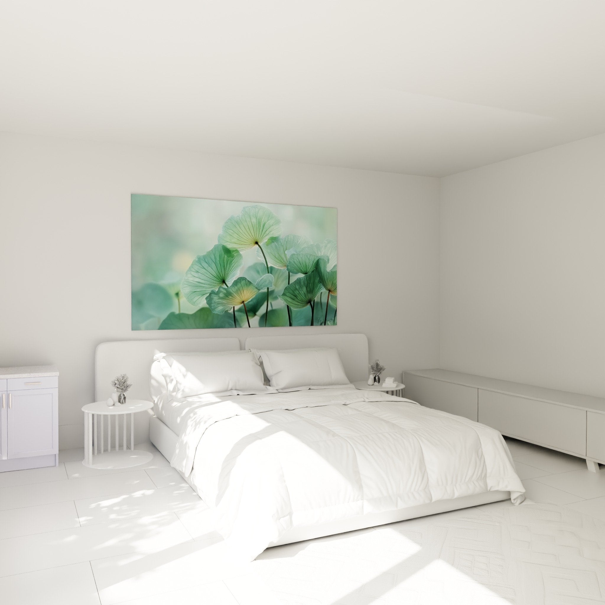 Tableau nénuphare feuilles lotus vert jade dans chambre moderne aux murs blancs ambiance zen