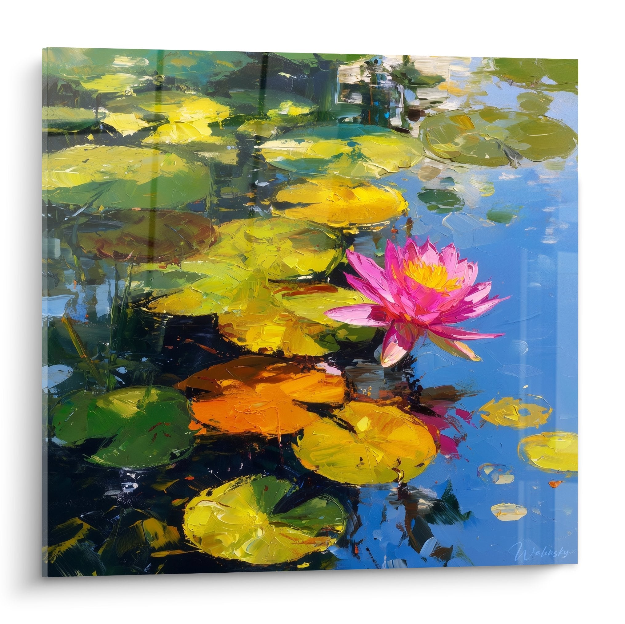 Tableau nénuphars étang lotus rose feuilles dorées reflets bleus peinture impressionniste nature aquatique