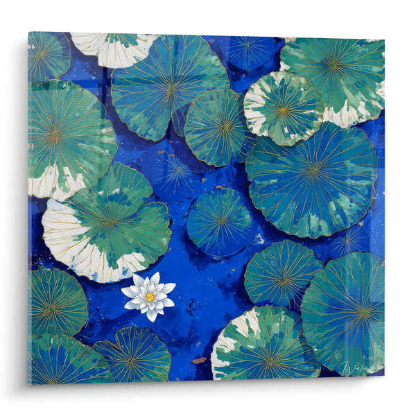 Cuadro hojas de loto turquesa y flor blanca sobre fondo azul cobalto - Serenidad Acuática - Edición Nenuphar