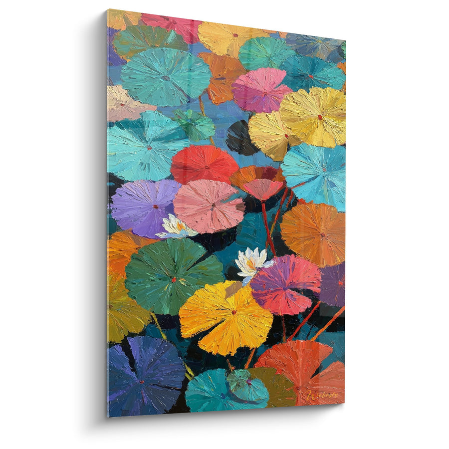 Schilderij Waterlelies in Meerdere Kleuren op Donker Water - Aquatische Symfonie - Editie Waterlelie