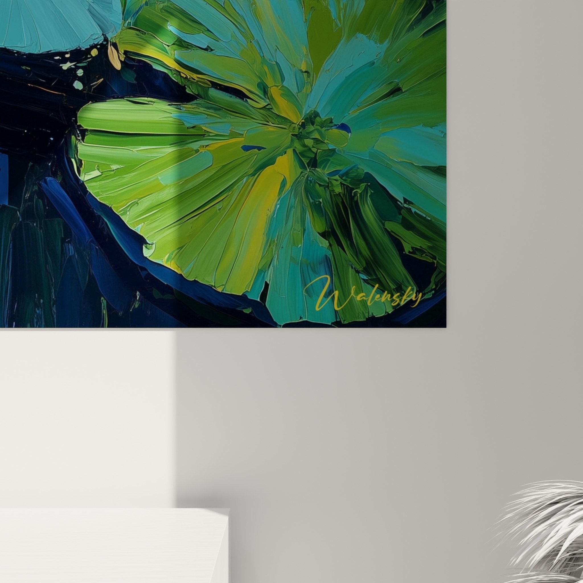 water lily painting wall art view interior decoration aquatic artwork contrasting colors blue orange