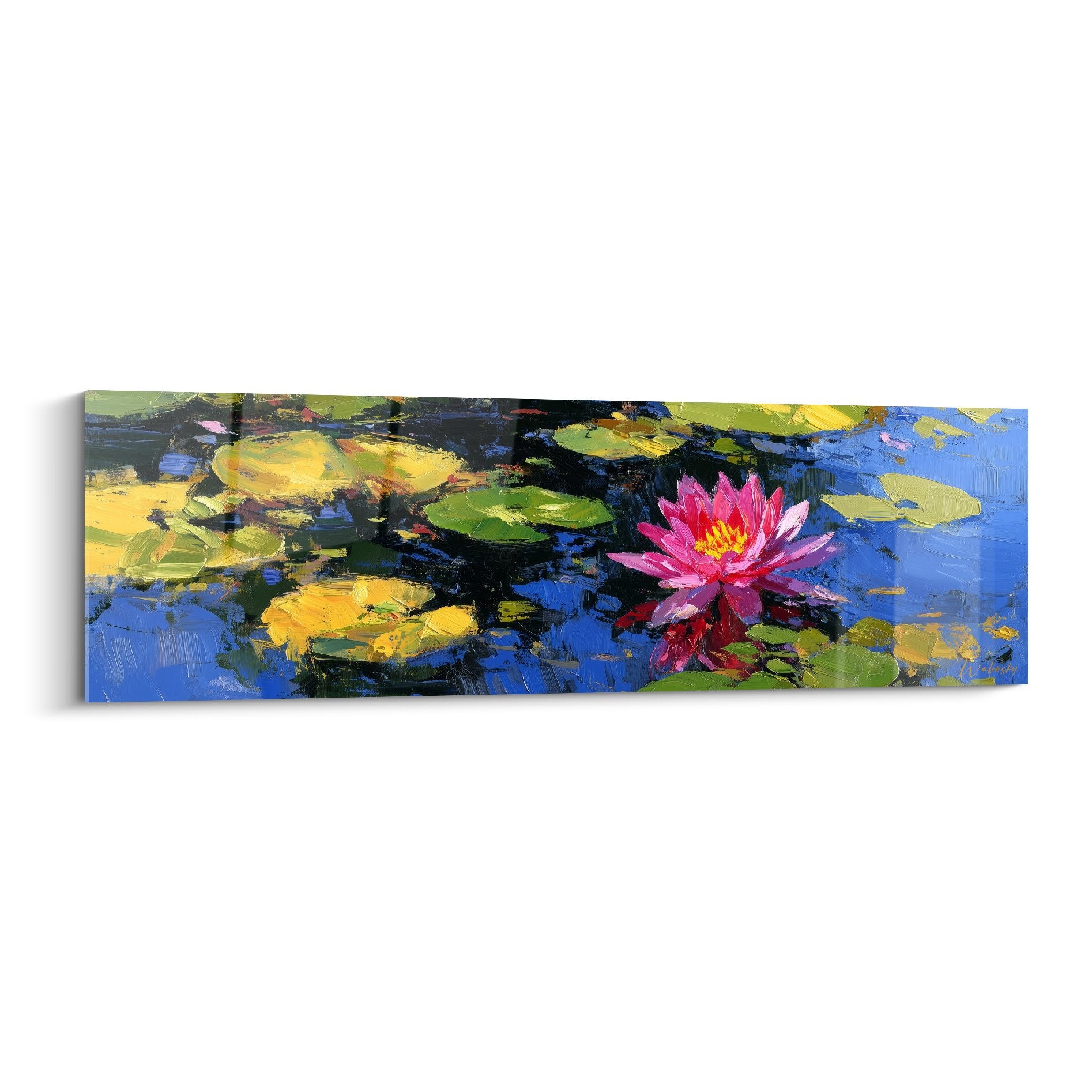 Tableau peinture nénuphar rose sur bassin aux reflets bleus et verts, style impressionniste, format panoramique