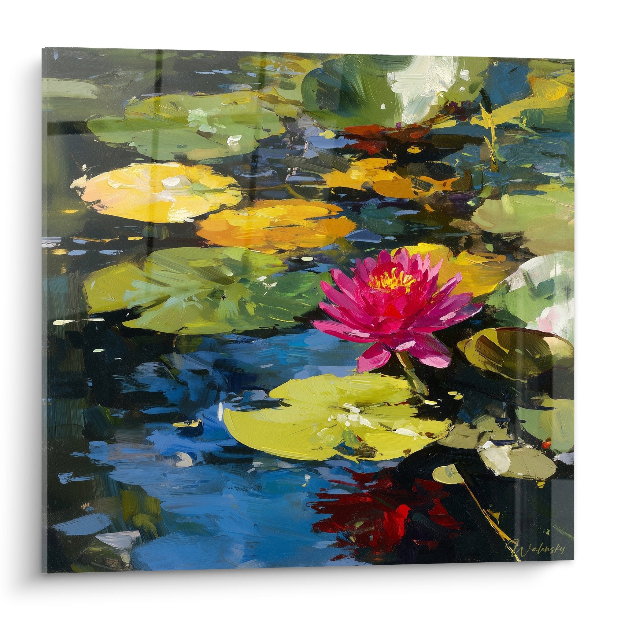 Tableau peinture nénuphar rose éclatant sur bassin aux reflets dorés bleus feuilles vertes style impressionniste