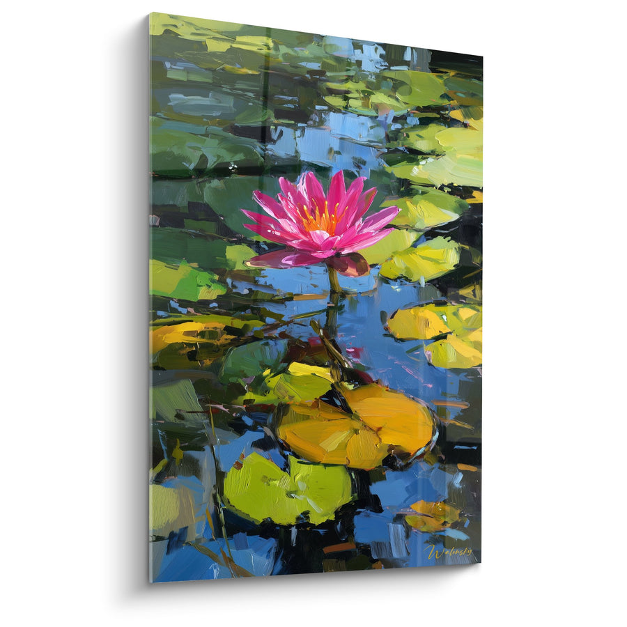 Tafel lotusroze bloem op blauw water met groene en gele bladeren - Waterreflecties - Nymphaeëden editie