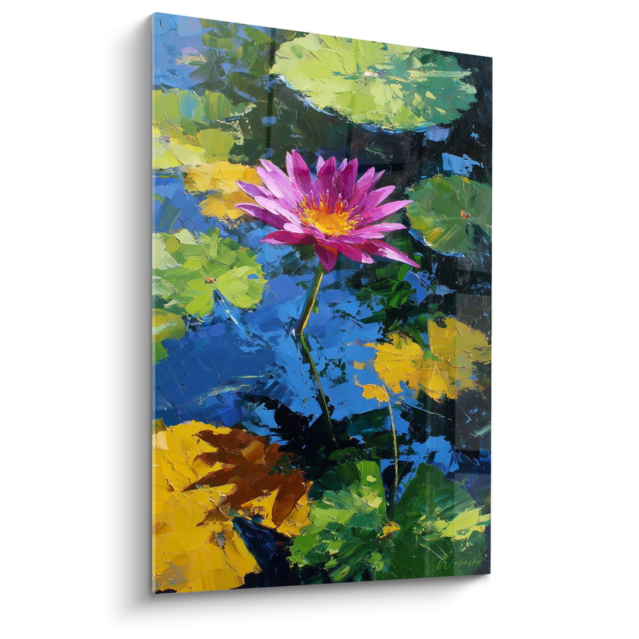 Schilderij Roze Lotusbloem met Gouden Reflecties op Blauw Water - Aquatische Sereniteit - Waterlelie Editie
