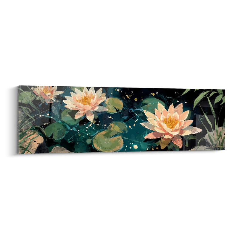 Quadro Gigli d'Acqua Rosa Salmone su Acqua Stellata Turchese - Giardino Acquatico Notturno - Edizione Ninfea
