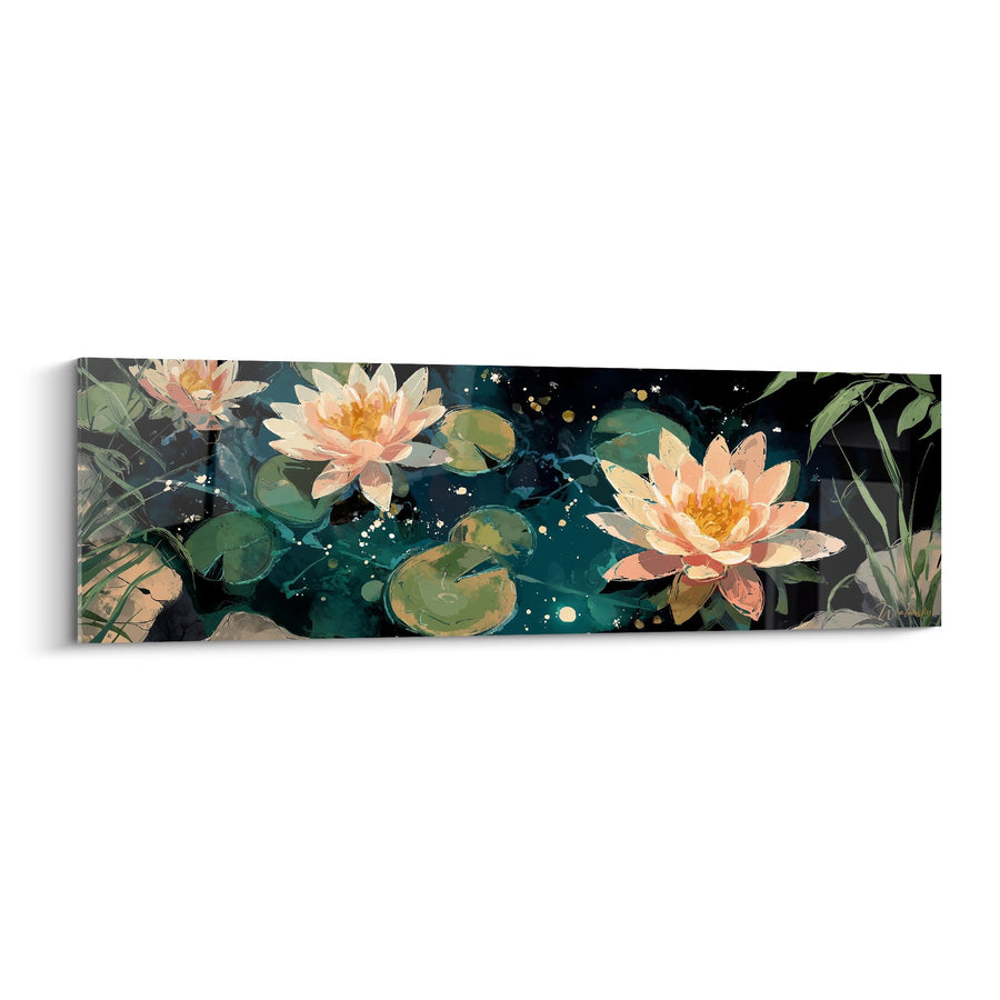 Tableau Nénuphars Rose Saumon sur Eau Étoilée Turquoise - Jardin Aquatique Nocturne - Edition Nénuphare