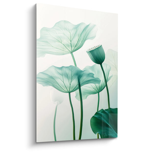 Cuadro de hojas de nenúfares transparentes verde jade y esmeralda con delicadas venas - Poesía vegetal - Edición Nenuphar