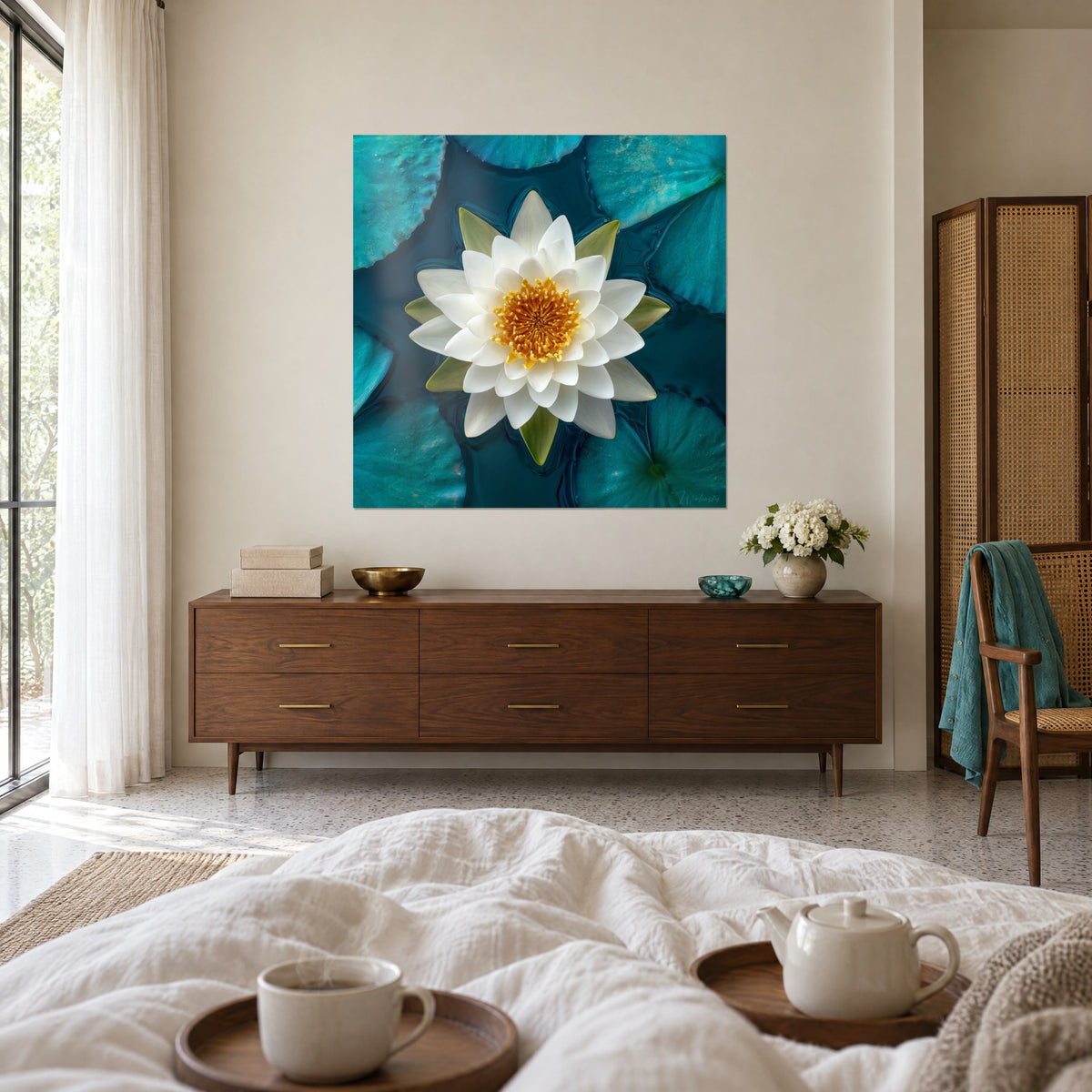 Gemälde weiße Blütenkrone auf entenblauem Wasser, olivgrüne Blattadern, über einem Bett in einem hellen Schlafzimmer aufgehängt