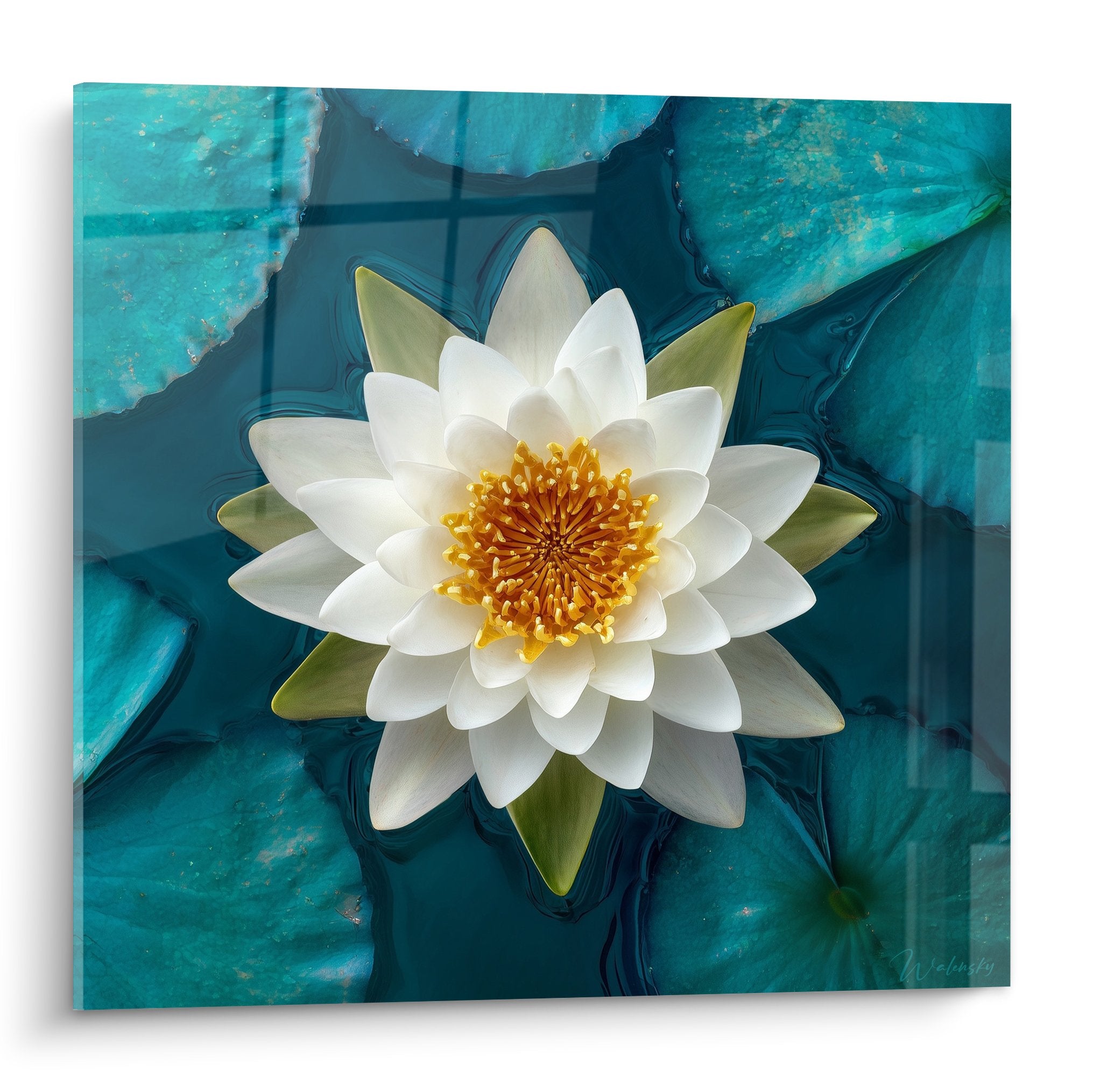 Tableau nénuphare blanc aux pétales nacrés et cœur doré sur fond turquoise marbré, style zen contemporain