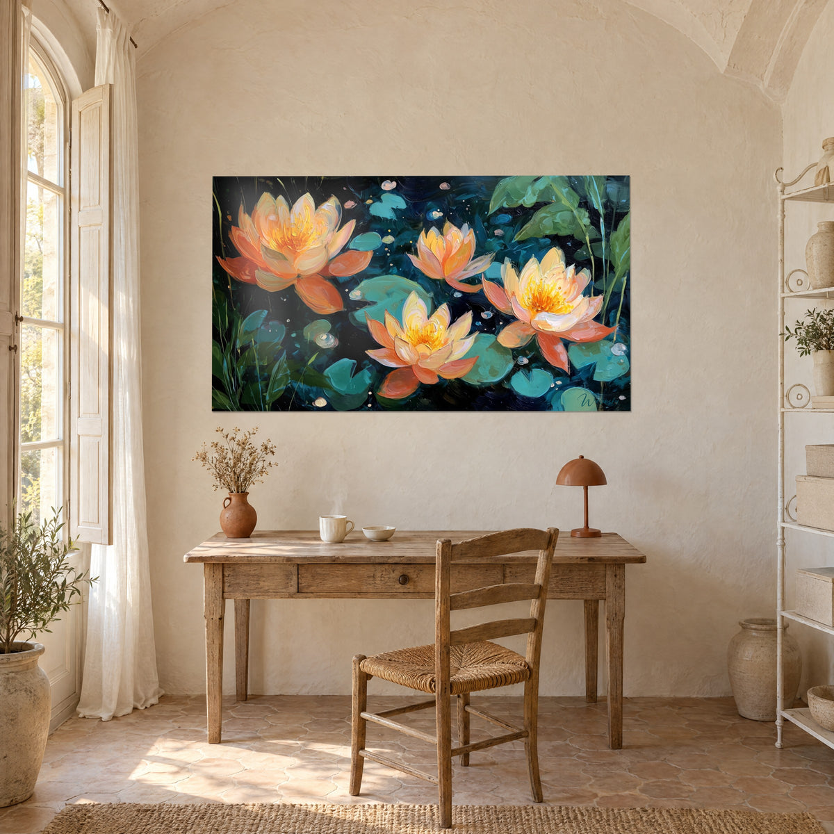 Gemälde Strauß orangefarbener Lotusblüten auf türkisfarbenem und tiefgrünem Wasser, dicke Pinselstriche, Holzschreibtisch, provenzalisches Steinhaus