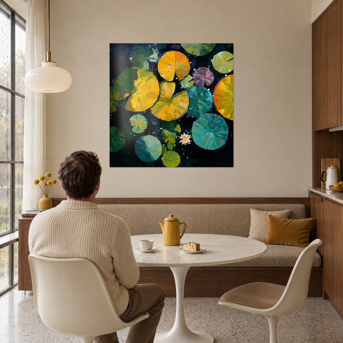 Schilderij met penseelstreken van goudgele en eendenblauwe schijven, een man van achteren zittend aan tafel ervoor, in een eethoek met warme tinten