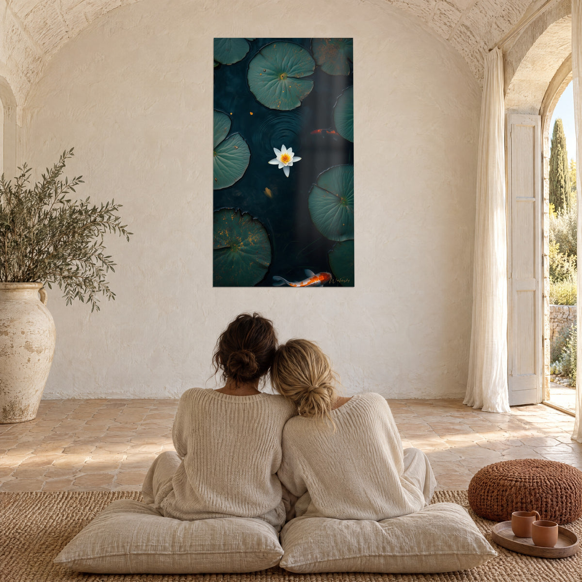 Schilderij watertuin van bovenaf gezien, witte bloem met gele kern, blauwgroene bladeren, oranje koi, twee vrouwen van achteren in een Provençaalse boerderij