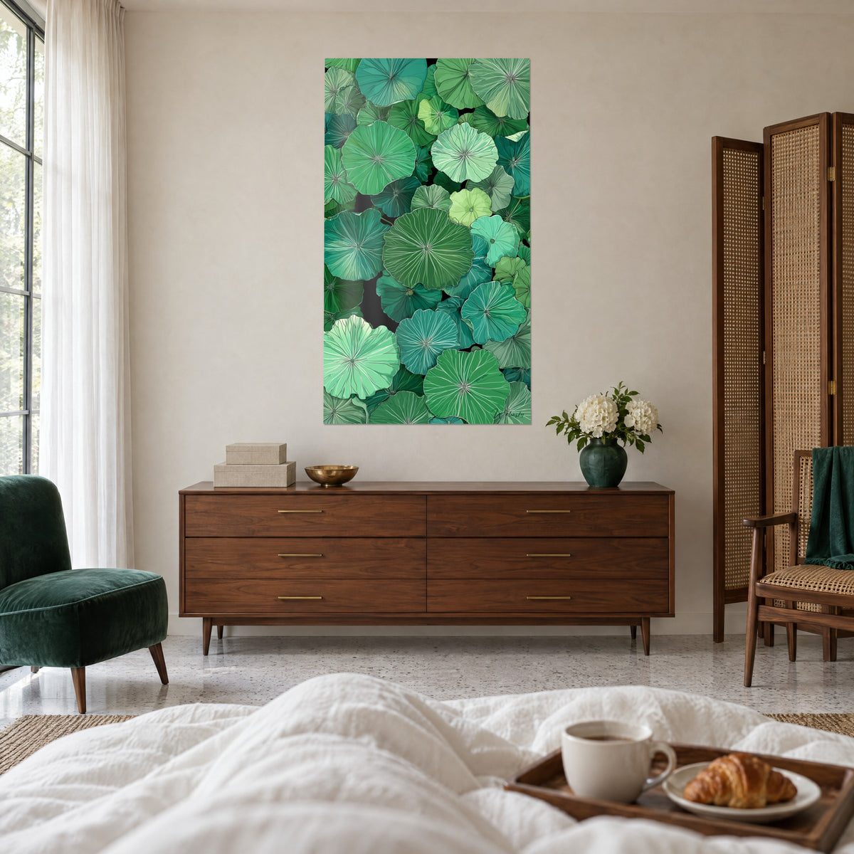 Wall art carpet of aquatic leaves in apple green and turquoise, ivory star-shaped veins, facing a chest of drawers, above a bed in a bright bedroom