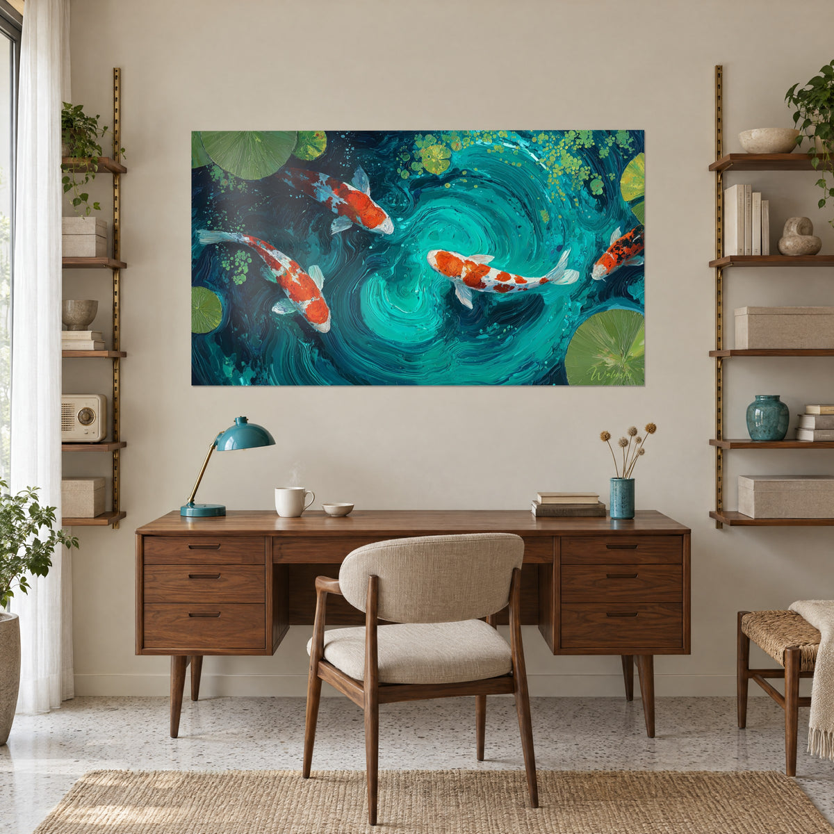 Gemälde japanischer Teich, in dem vier orangefarbene Koi einen cyanblauen Wirbel umkreisen, grüne Seerosen, über einem Holzschreibtisch und einer Lampe