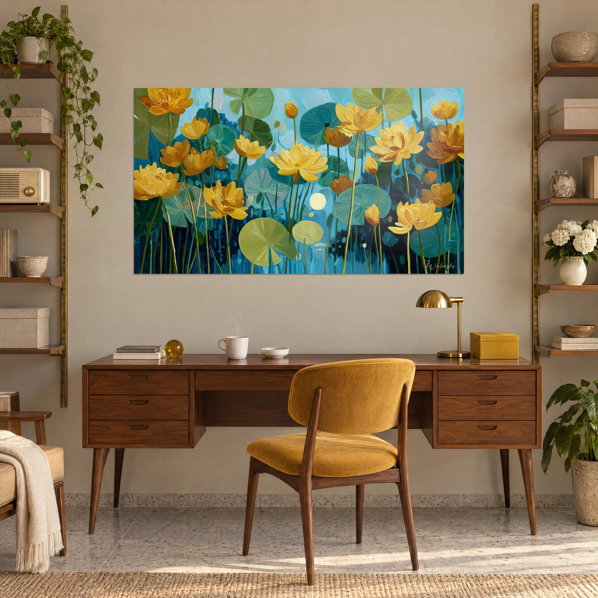Quadro di fiori di loto gialli dagli steli verdi sottili e disco lunare avorio su cielo azzurro chiaro, appeso sopra una scrivania in legno