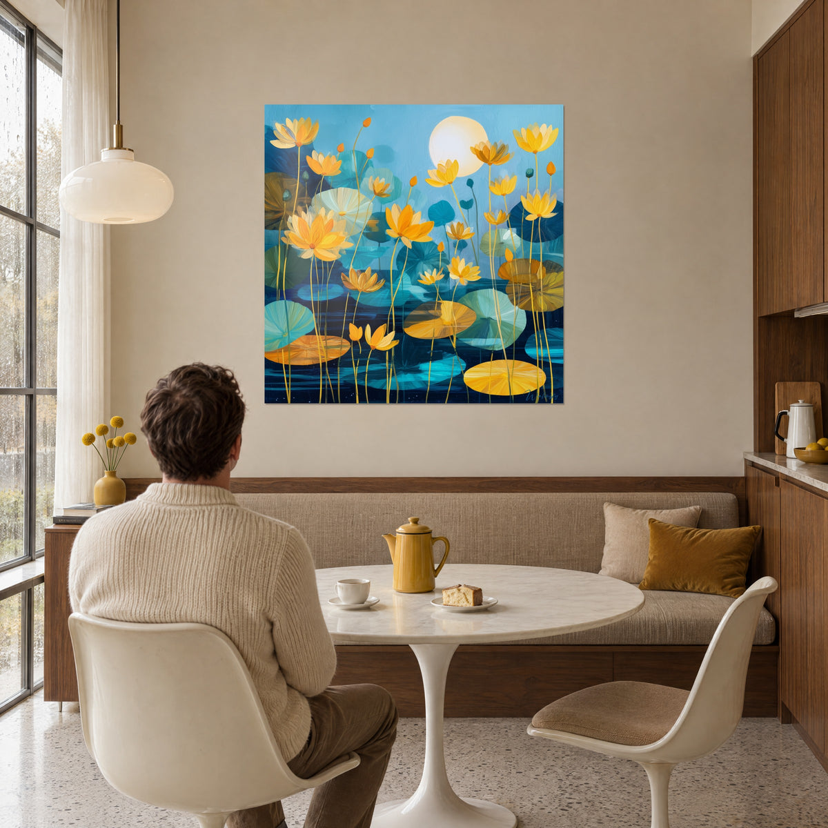 Quadro di loto zafferano e foglie galleggianti verde acqua, cielo azzurro, luna crema, appeso in un soggiorno con tavolo rotondo bianco