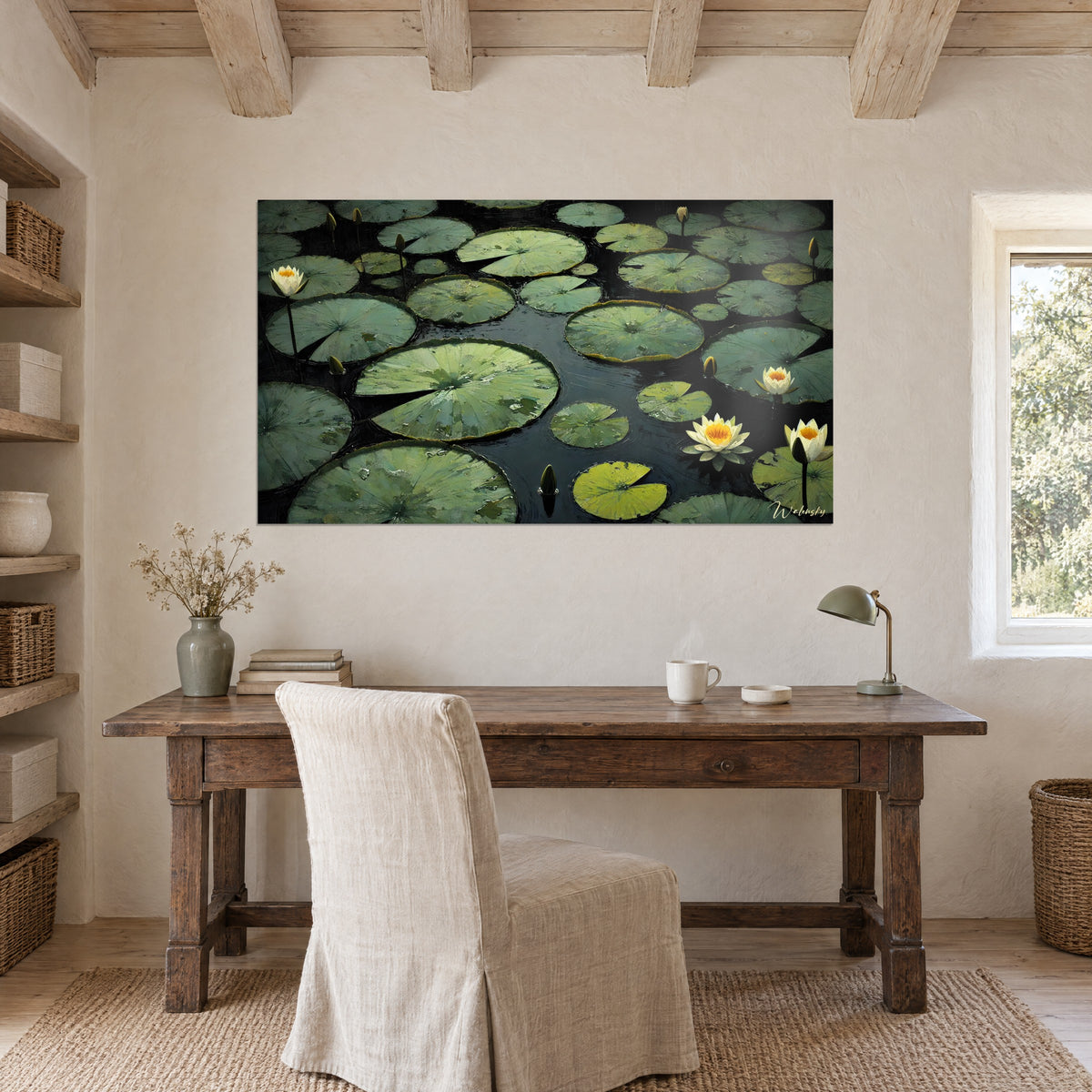 Cuadro estanque de nenúfares, capullos verdes y flores blancas de corazón dorado sobre agua negra, encima de un escritorio de madera natural
