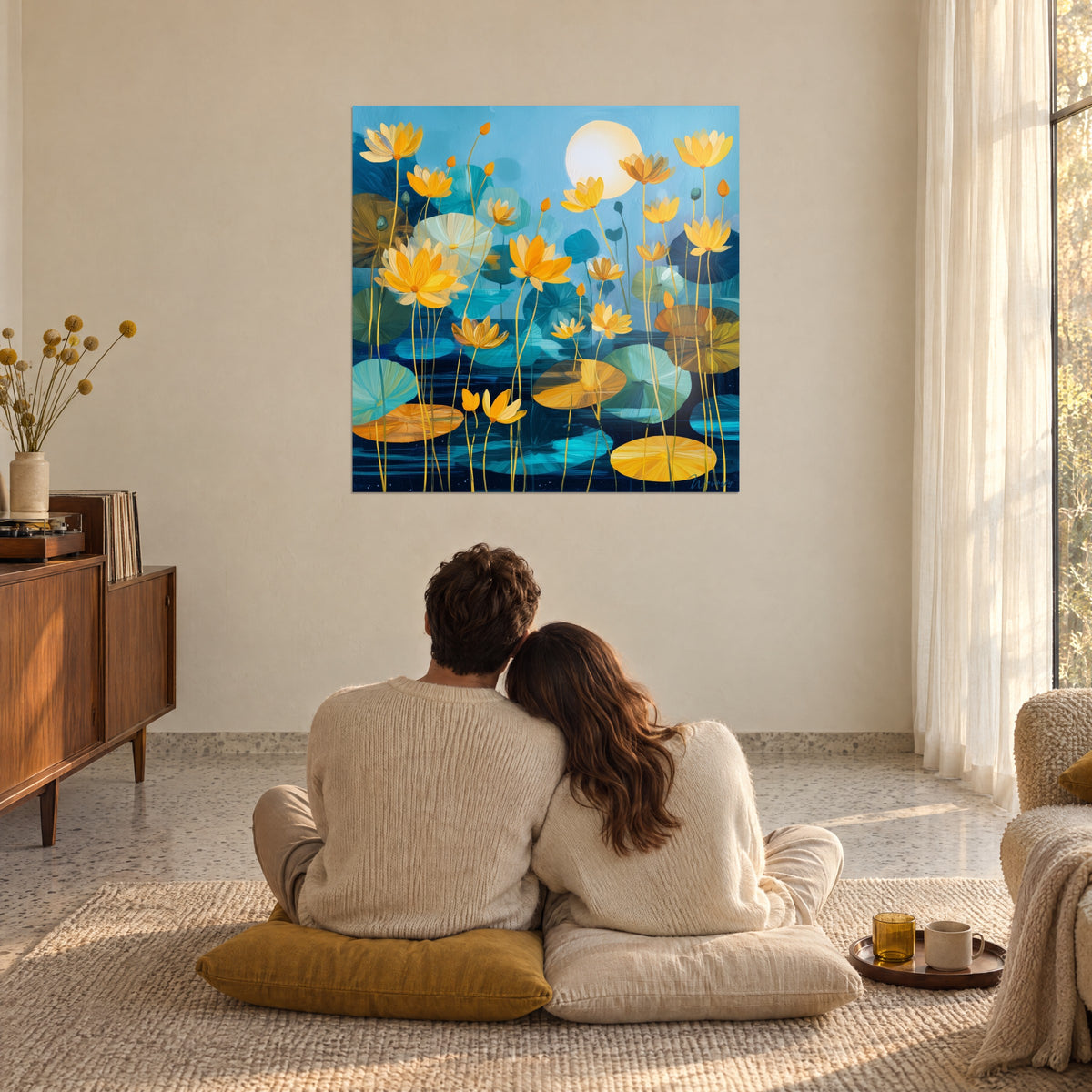 Quadro di ninfee dorate su laguna blu profondo, steli gialli slanciati, luna bianca, parete beige di un soggiorno inondato di sole
