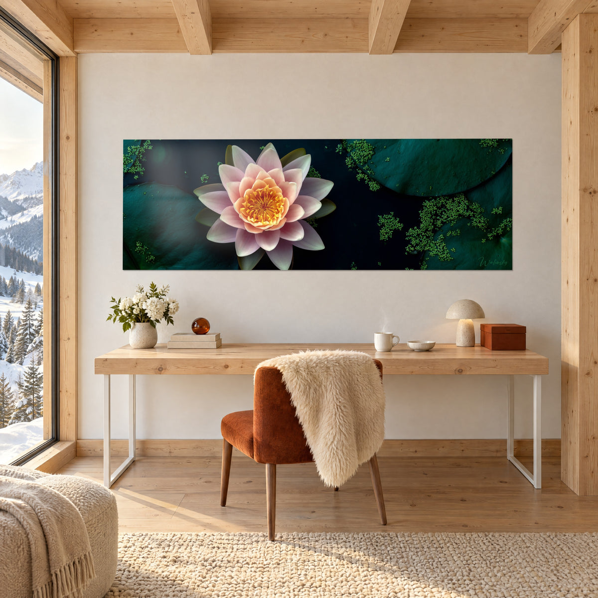 Quadro di tenui petali di loto rosa, stami arancio vivo e muschio verde su acqua nera, sopra una scrivania in legno chiaro