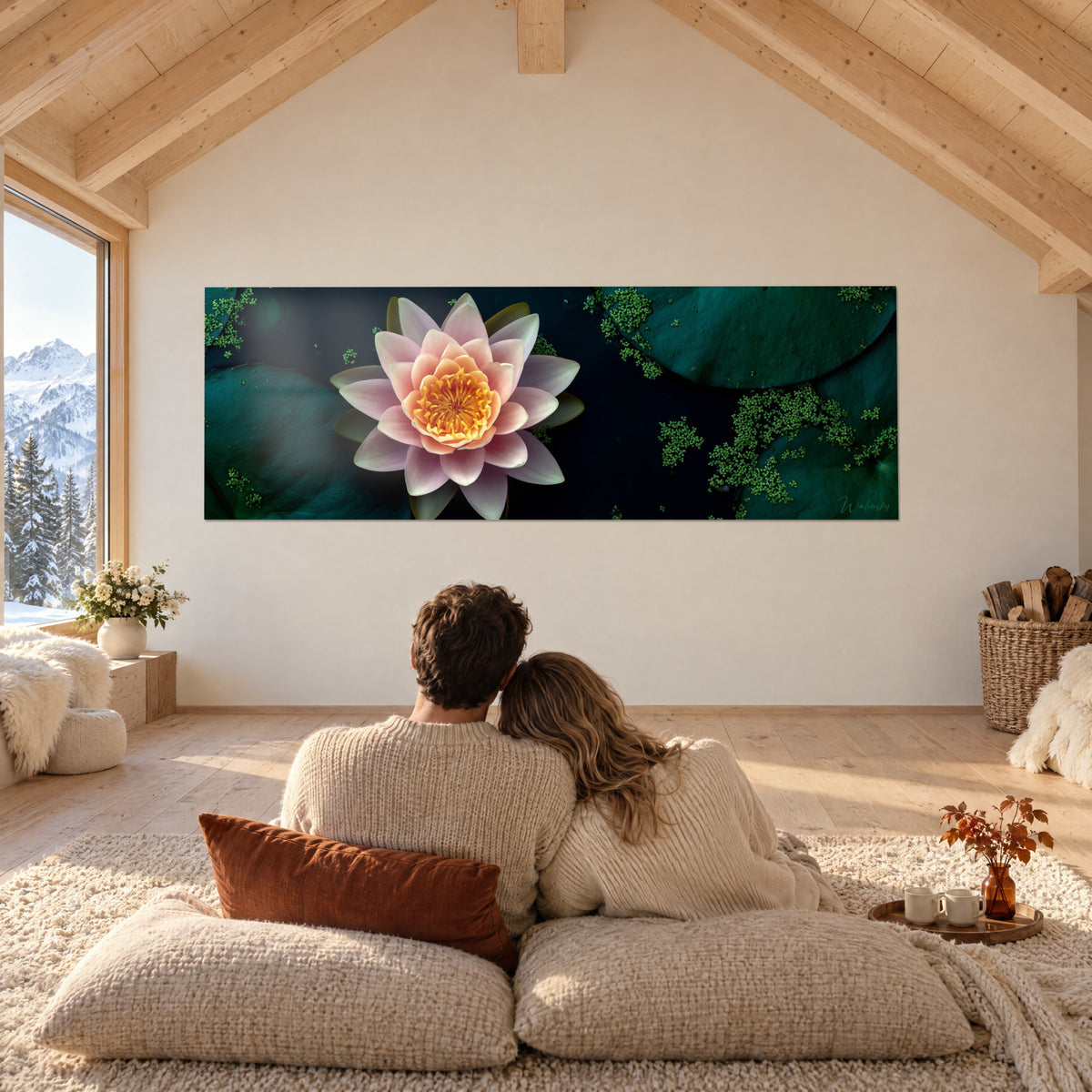 Quadro di panorama acquatico: corolla rosa e arancio al centro, lenticchie d'acqua verdi, coppia abbracciata di spalle in uno chalet