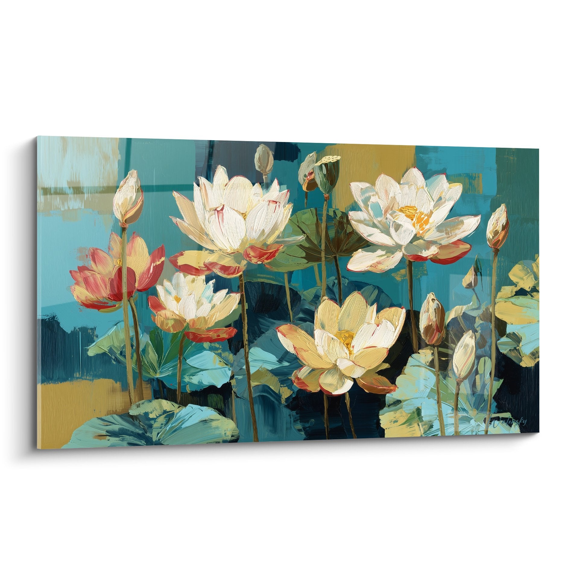 Tableau nénuphares blancs et roses sur fond turquoise, style contemporain aux reflets dorés