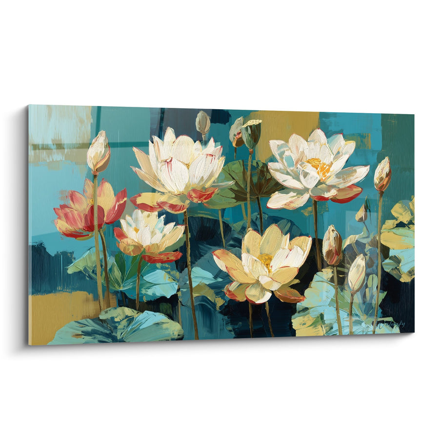 Schilderij witte en roze lotusbloemen op turkooizen achtergrond - Waterlelietuinen - Nénuphare-uitgave