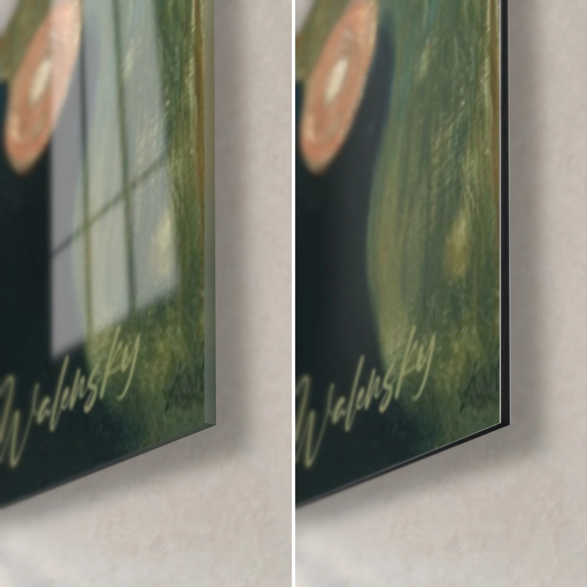 Quadro di ninfee bianche, angolo in basso a destra: vetro lucido con riflessi a sinistra, alluminio Dibond opaco a destra, bordo da 3 mm