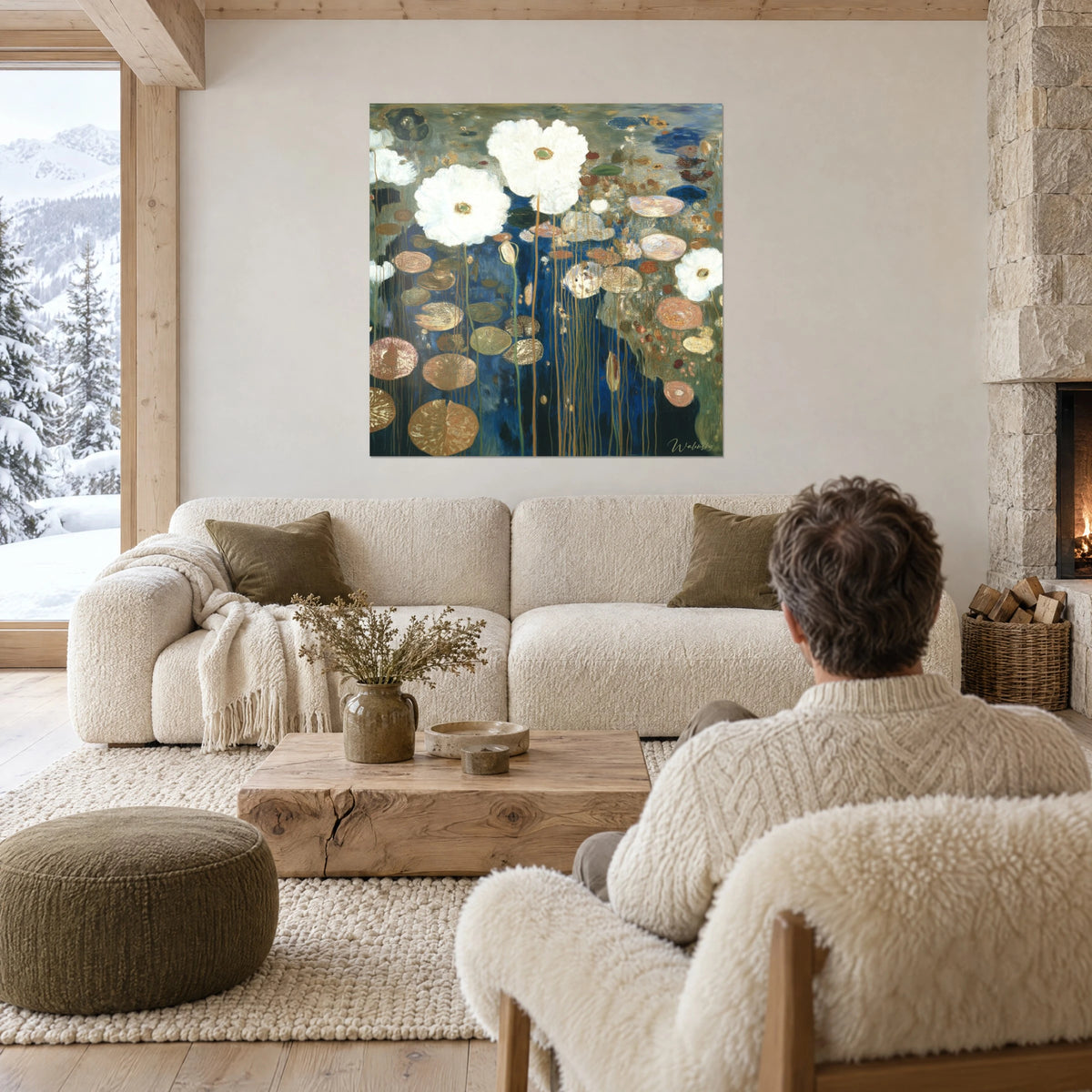 Quadro di ninfee bianche con cuori verdi su acqua blu notte e foglie ramate, uomo di spalle, sopra un divano in un soggiorno luminoso