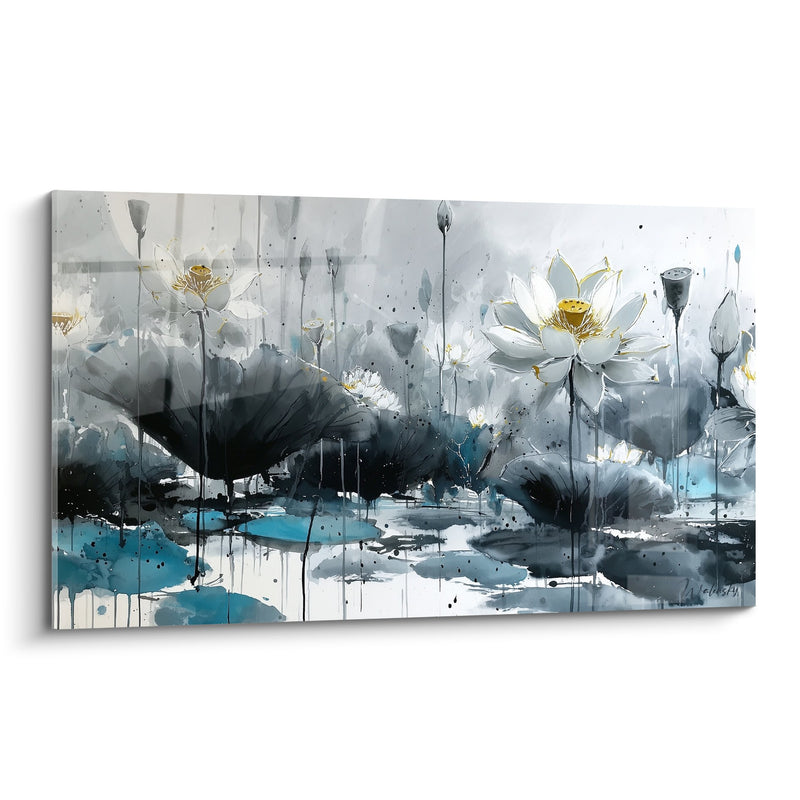 Tableau Nénuphars Blancs sur Fond Aquarelle Gris et Bleu - Sérénité Aquatique - Edition Nénuphare