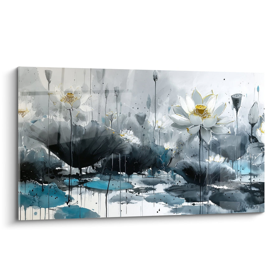 Schilderij Waterlelies Wit op Aquarel Achtergrond Grijs en Blauw - Aquatische Serenity - Editie Waterlelie