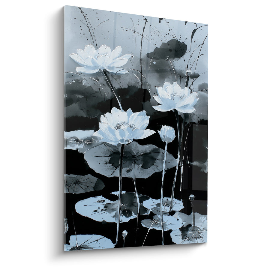 Tafel Waterlelies Wit op Blauw Grijze Achtergrond met Zwarte Spatten - Aquatische Serenity - Editie Waterlelie
