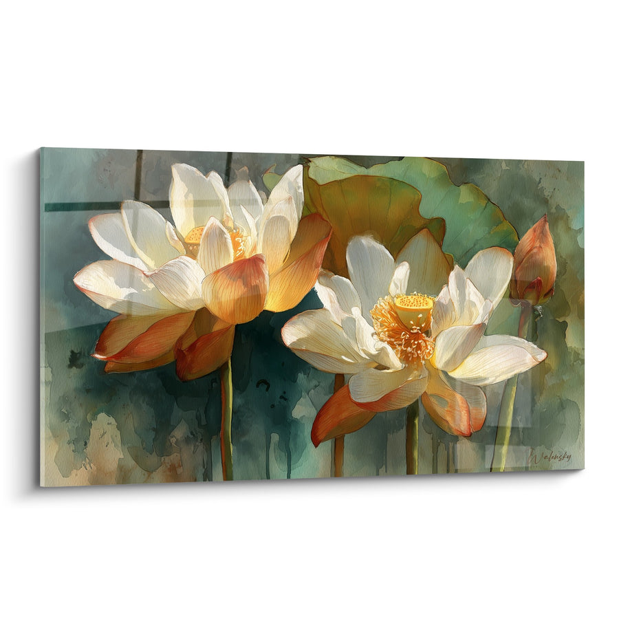 Schilderij Witte en Gouden Waterlelies in Watertuin - Bloemige Sereniteit - Waterlelie Editie
