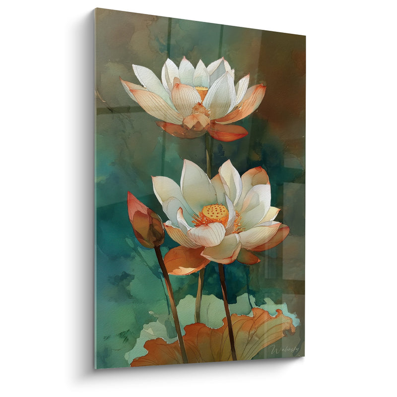 Quadro Ninfee Bianche e Arancioni ai Toni Turchese - Eleganza Acquatica - Edizione Ninfea